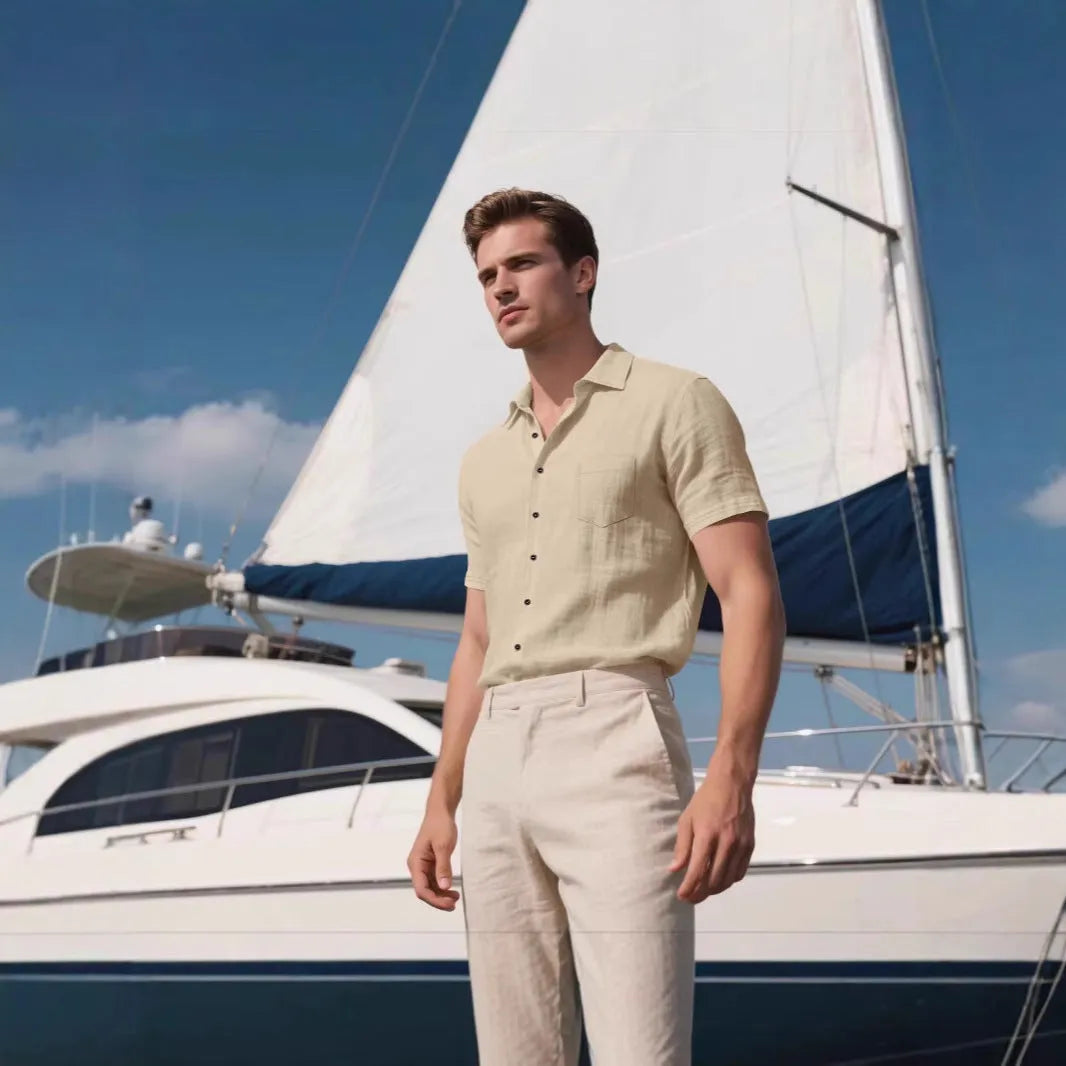Men's loose cardigan-style short-sleeved shirt in cotton blend fabric showing colour options