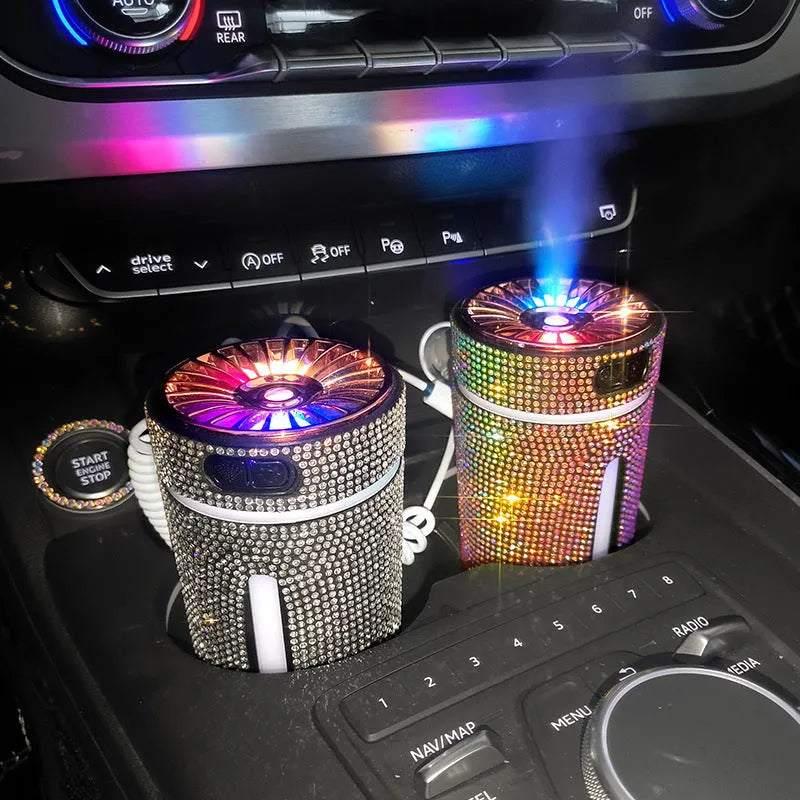 Diamond design car humidifier with LED lights showing 15cm size and USB power port