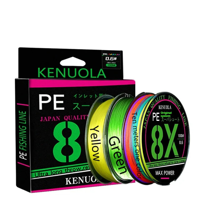 Luya Yuantou 8-weave PE braided fishing line 100m spool in green, yellow or multi-colour 10m sections