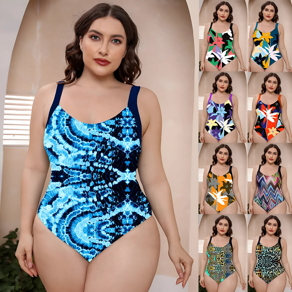Conservative one-piece floral print swimsuit with spaghetti straps and vest top on a mannequin.