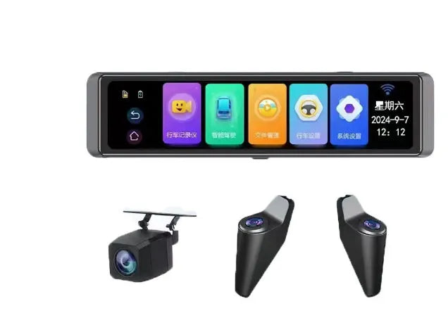 12-inch full-screen 4K streaming rearview dash cam with blind zone warning and multi-lens cameras in black finish