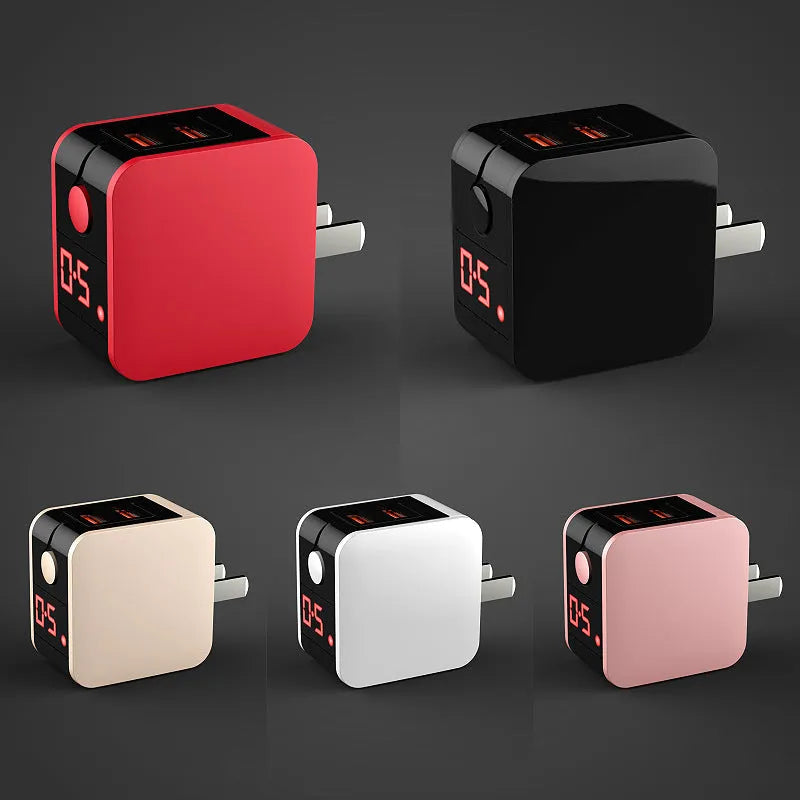 White dual USB fast travel charger with digital voltage display screen and UK 3-pin plug