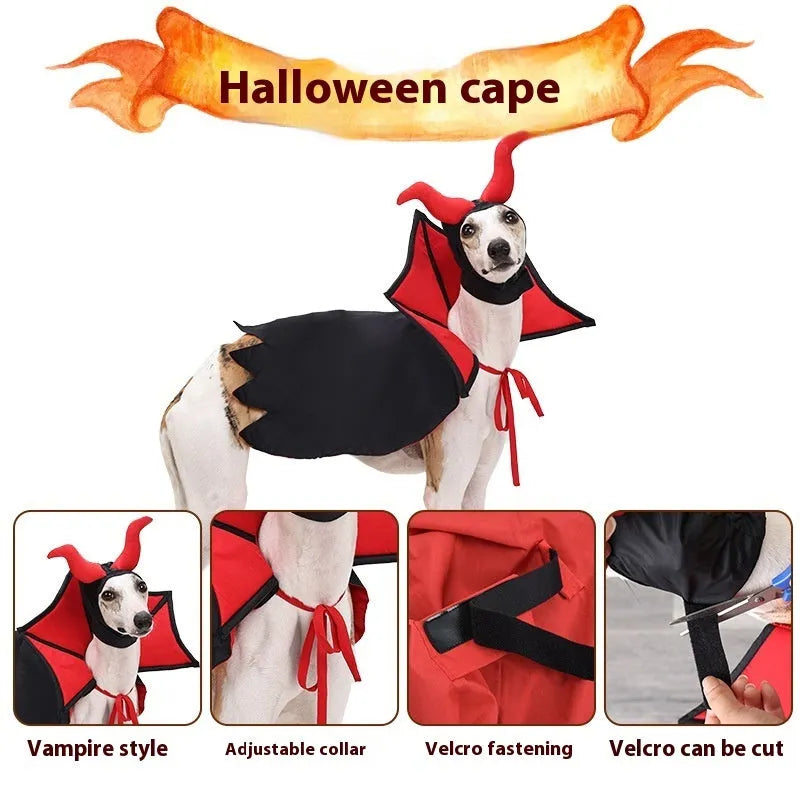Black polyester vampire cloak and hat costume set for a dog or cat on a mannequin.