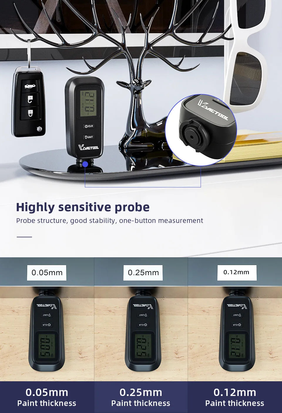 Black plastic automotive paint coating thickness gauge 38x87x22mm for 0-1.8mm measurement