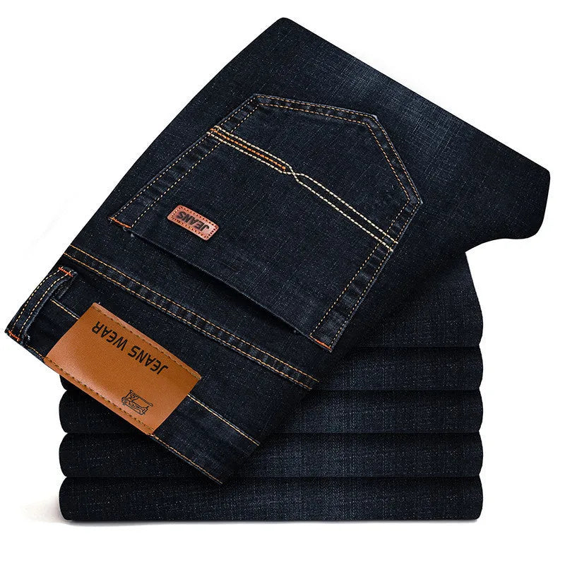 Men's black stretch slim straight business casual jeans in cotton denim