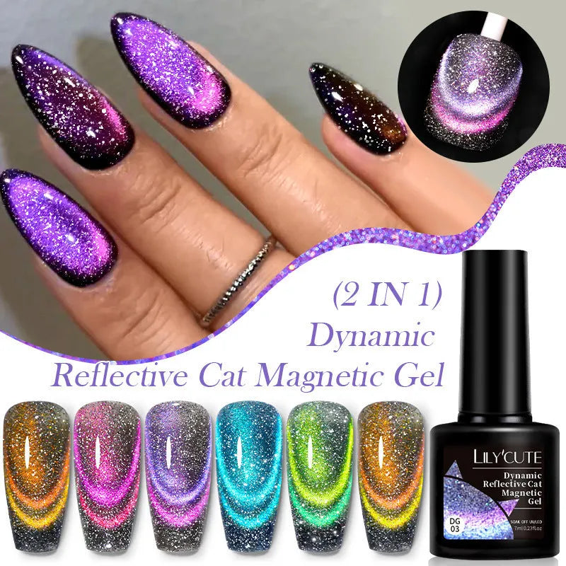 Cat eye series UV nail polish gel bottle with diamond glitter in one of six colour styles, next to nail glue.