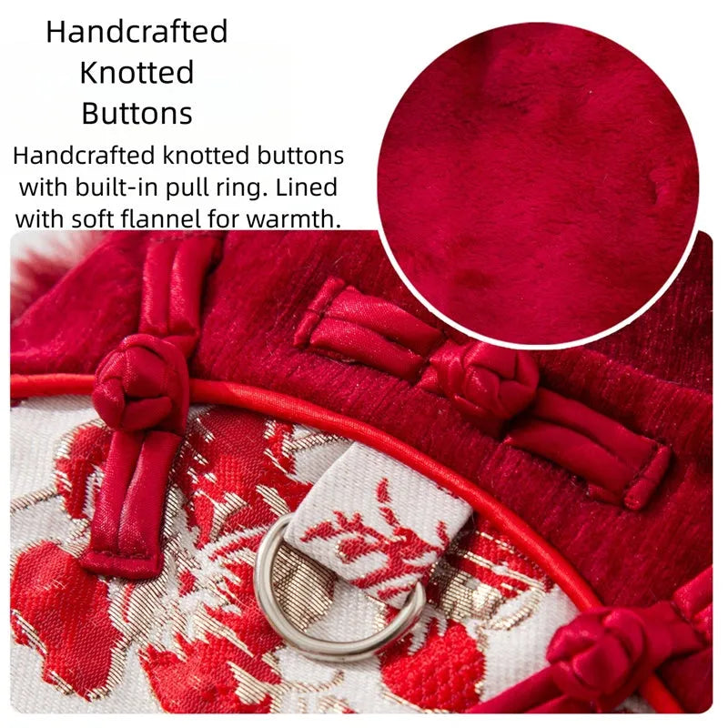Chinese-style pet jacket with stand-up collar and festive prints in red or pink for small dogs and cats