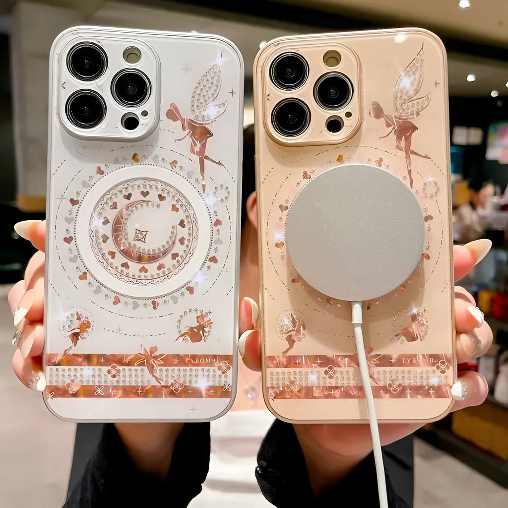 Butterfly fairy diamond magnetic phone case with rhinestone bow, TPU PC shell, pink white or rose gold