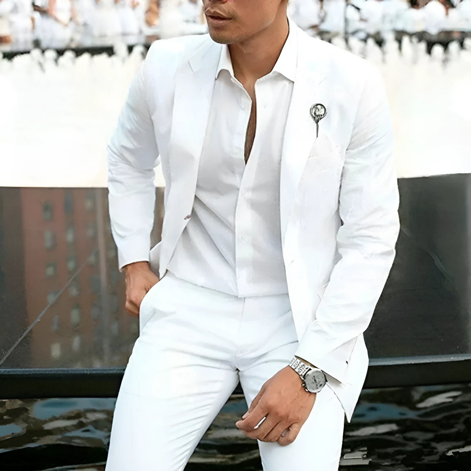 White cotton two-piece men's suit with slim fit design for wedding groomsman clothing