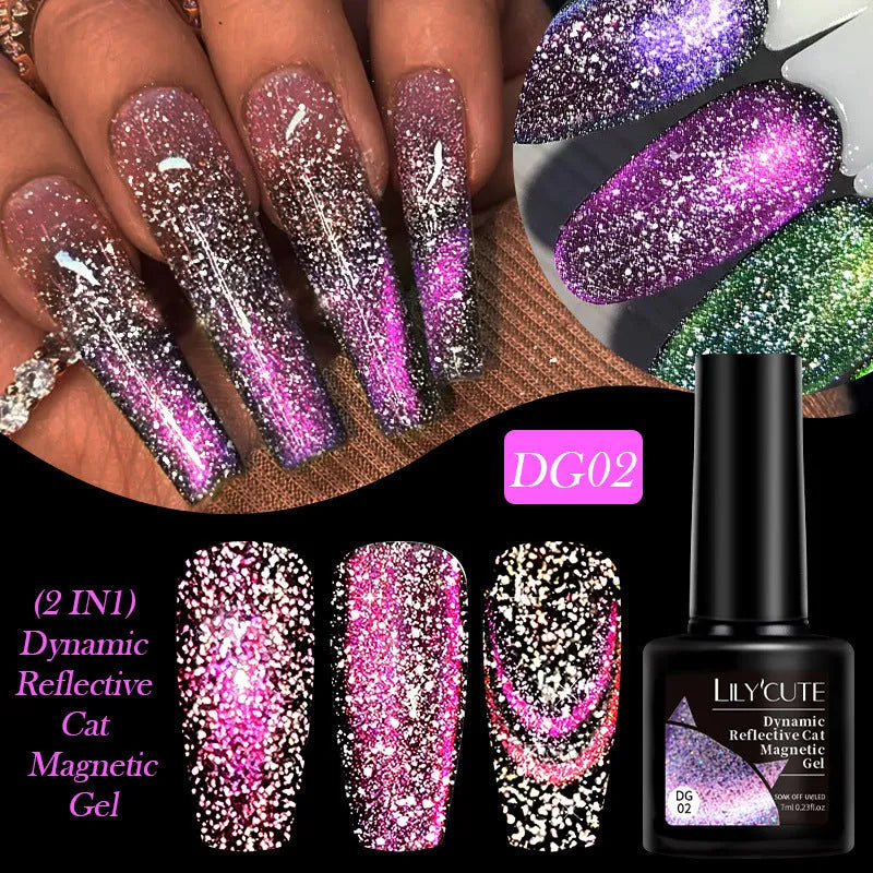 Cat eye series UV nail polish gel bottle with diamond glitter in one of six colour styles, next to nail glue.