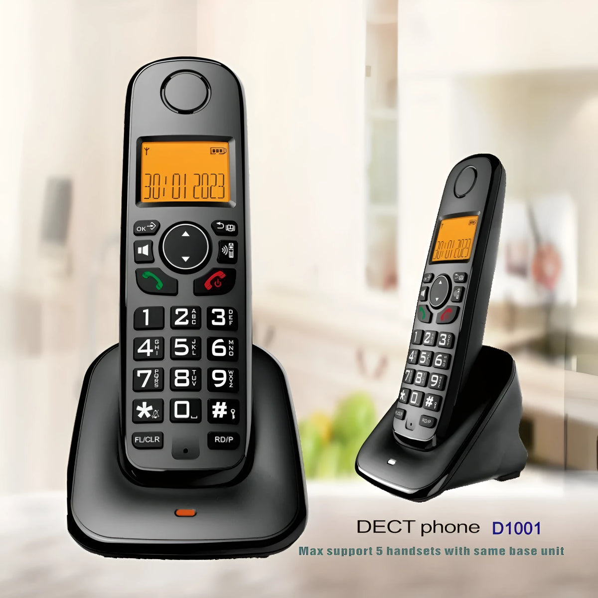 Digital wireless DECT phone for business and home office, table or wall mountable, plug-in handset with loud calls
