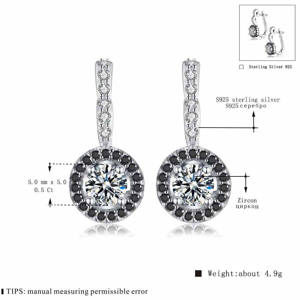 S925 sterling silver geometric drop earrings with black onyx and zircon inlay on white background