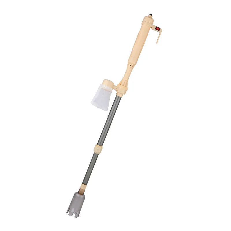 Electric aquarium cleaning siphon with telescopic handle and blue hose on a black base