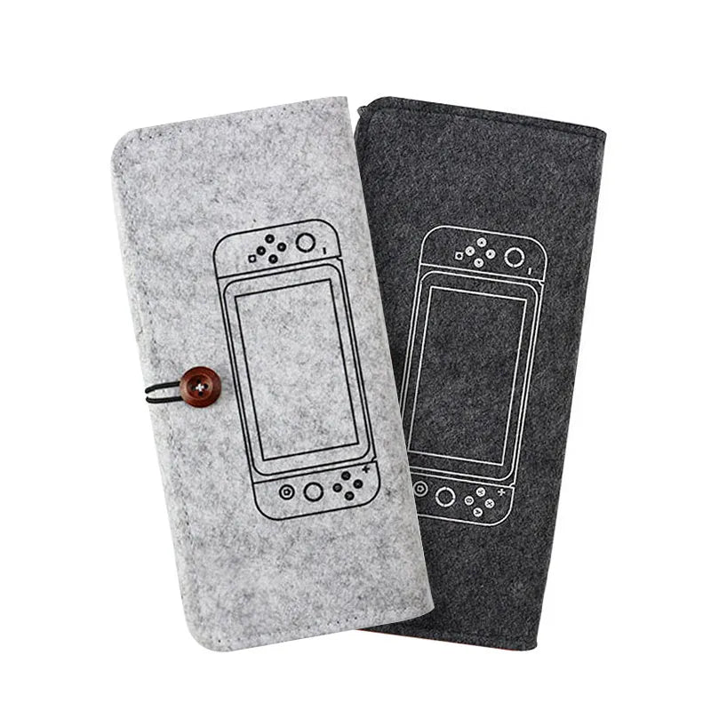 Black felt pouch case for Nintendo Switch console, showing game card slots and double layer storage design.