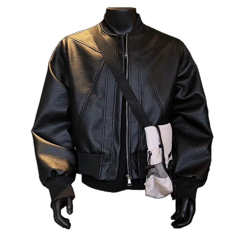 Men's black PU leather jacket with extended length and slim-fit business casual style