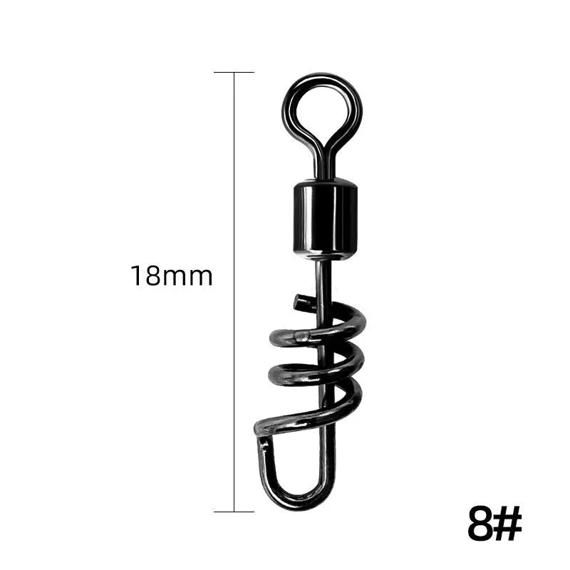 Stainless steel fishing swivel connector with 8-shaped ring design in seven colour-coded sizes