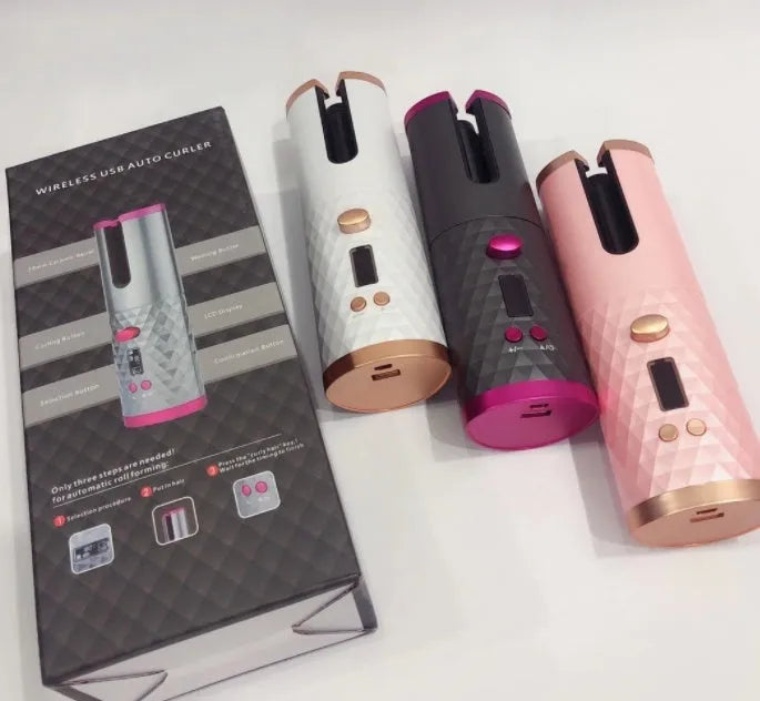 White portable automatic curling iron with USB charging port and gold ceramic barrel.
