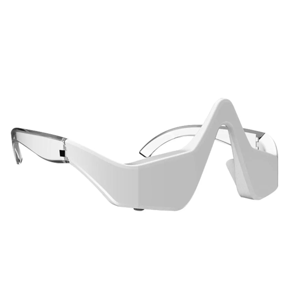 Pink and white micro-current eye massager with glasses-style design for wrinkle reduction and dark circle removal