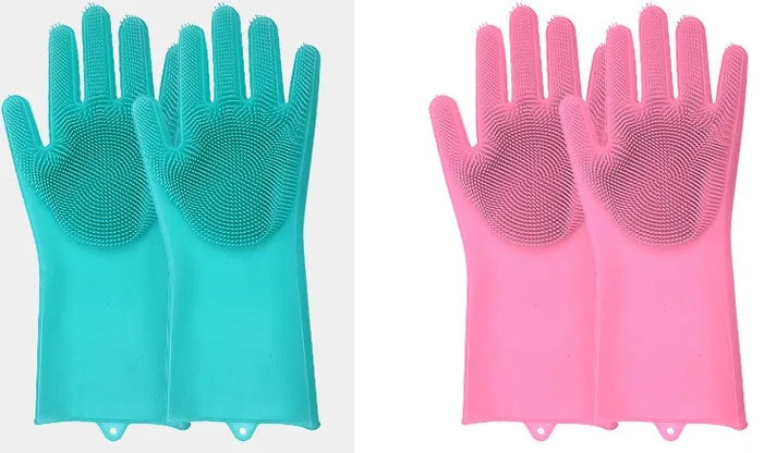 Blue silicone gloves with textured palm for scrubbing, shown on hands holding a pan.