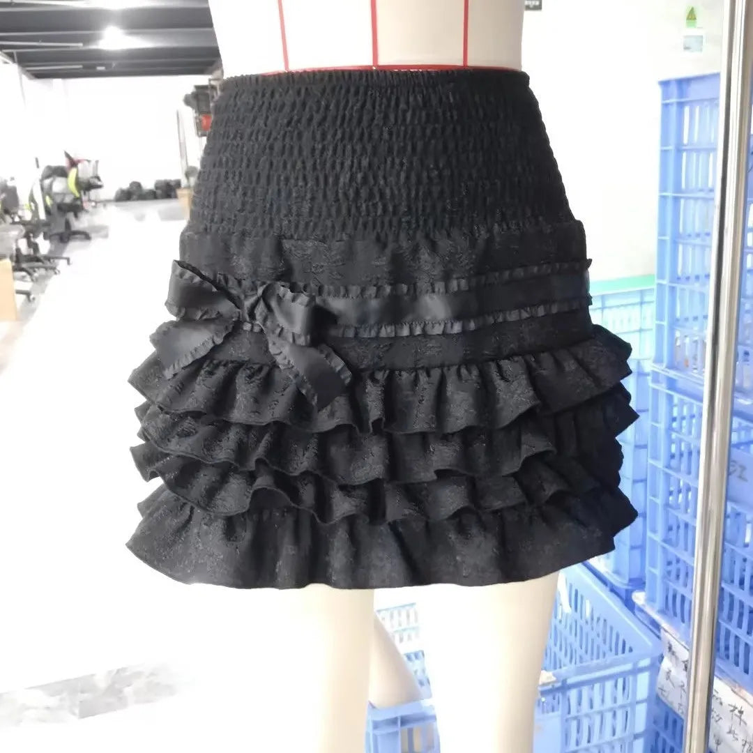 Women's high waist puffy cake short skirt in polyester, black pink almond rice, sizes S M L