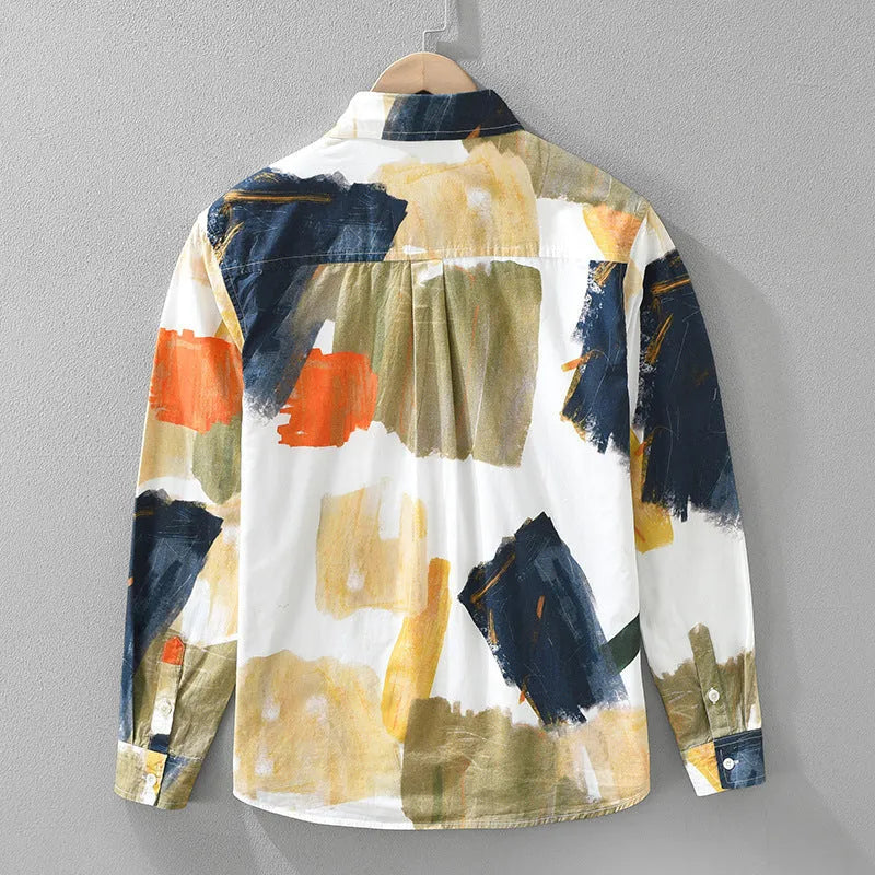 Women's printed cotton loose cardigan with long sleeves shown in artistic colour