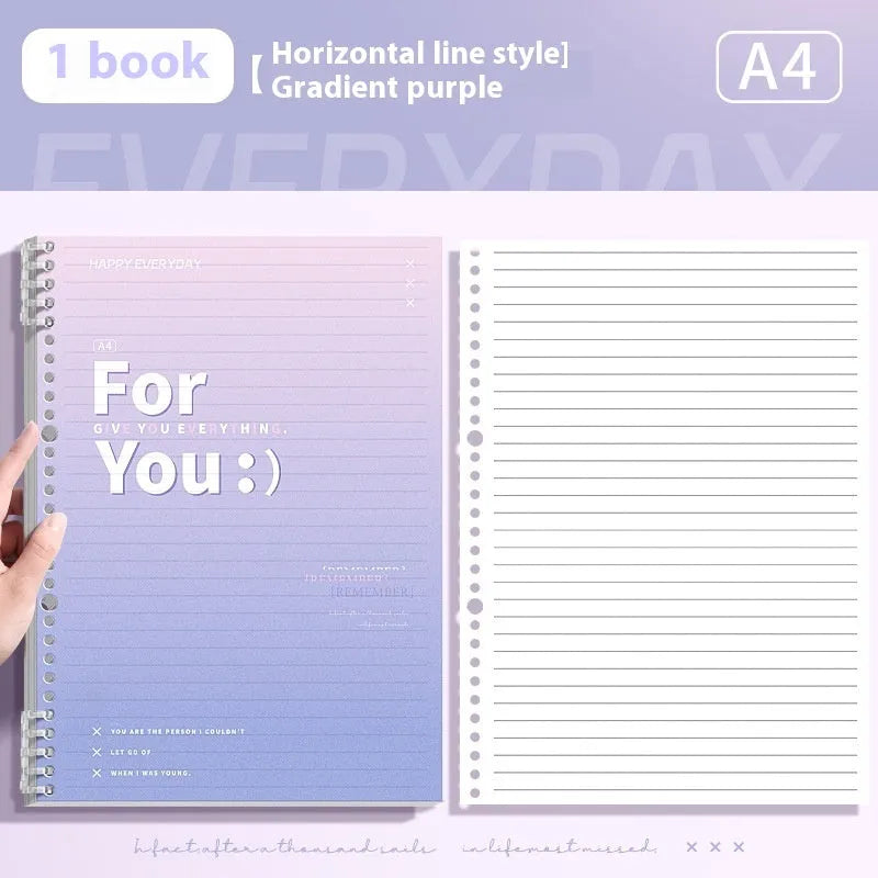 Gradient coloured removable coil spiral notebook in A4 and B5 sizes on a desk.
