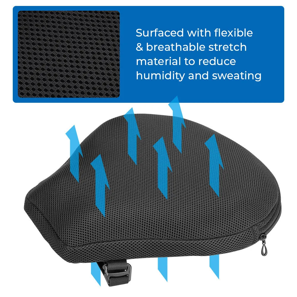 Black motorcycle seat cushion with 3D mesh cover and TPU airbag, L size 30x31 cm