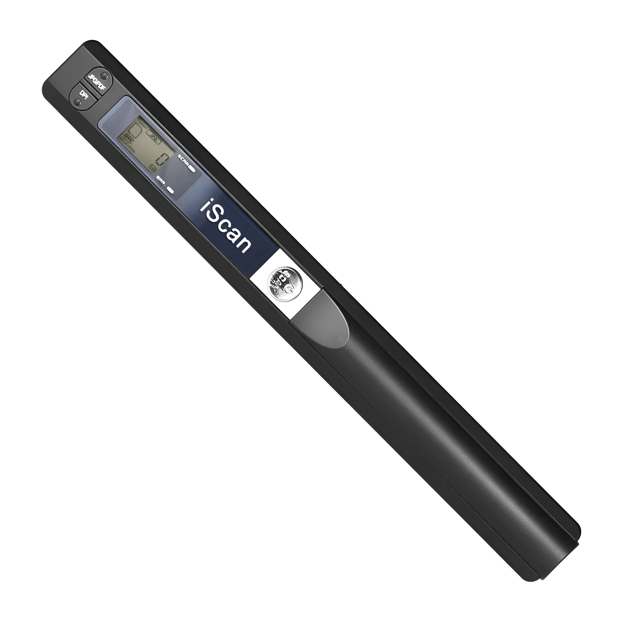 Handheld barcode scanner with plastic body shown in black, blue, green, red, and silver colour options.