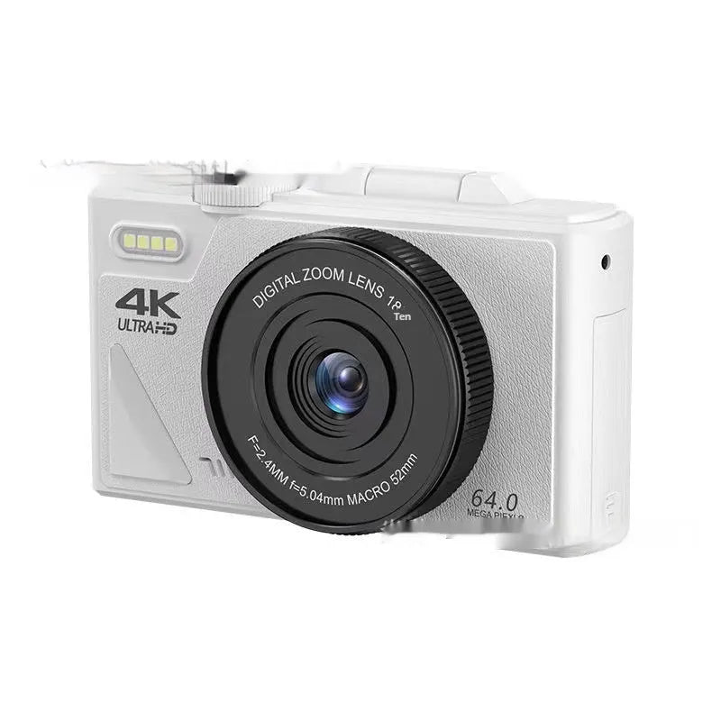 64 million HD mirrorless CCD camera with ABS body, black, front view showing lens and full HD screen