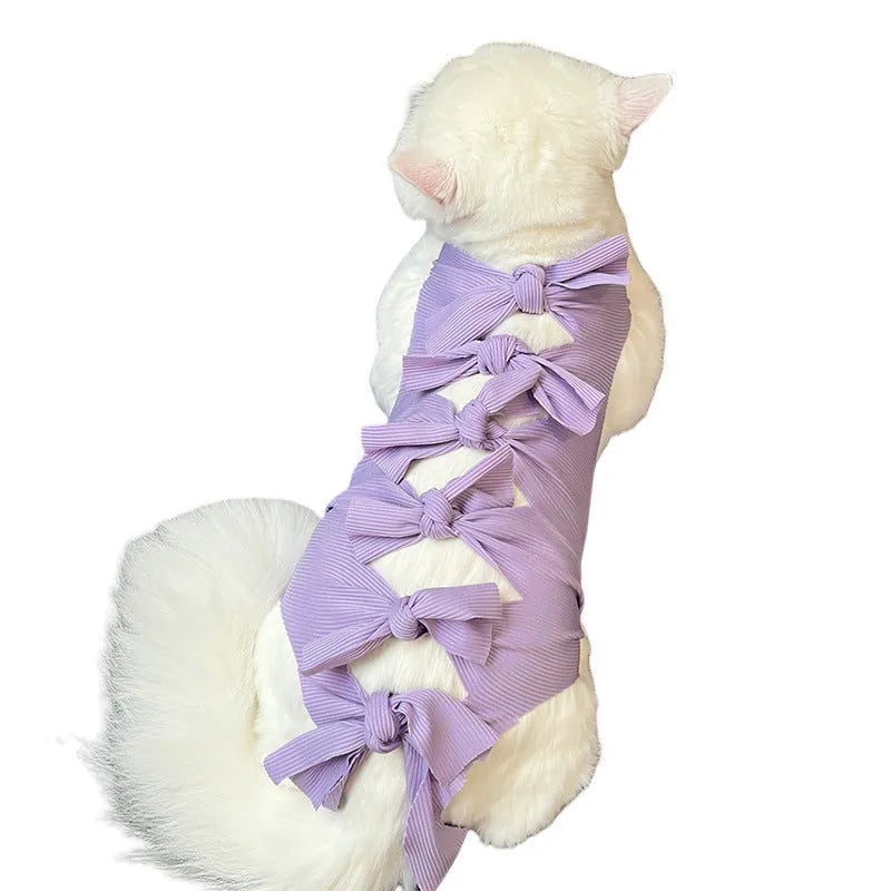 Blue lace-up back cat recovery suit for post-sterilisation care on a grey cat
