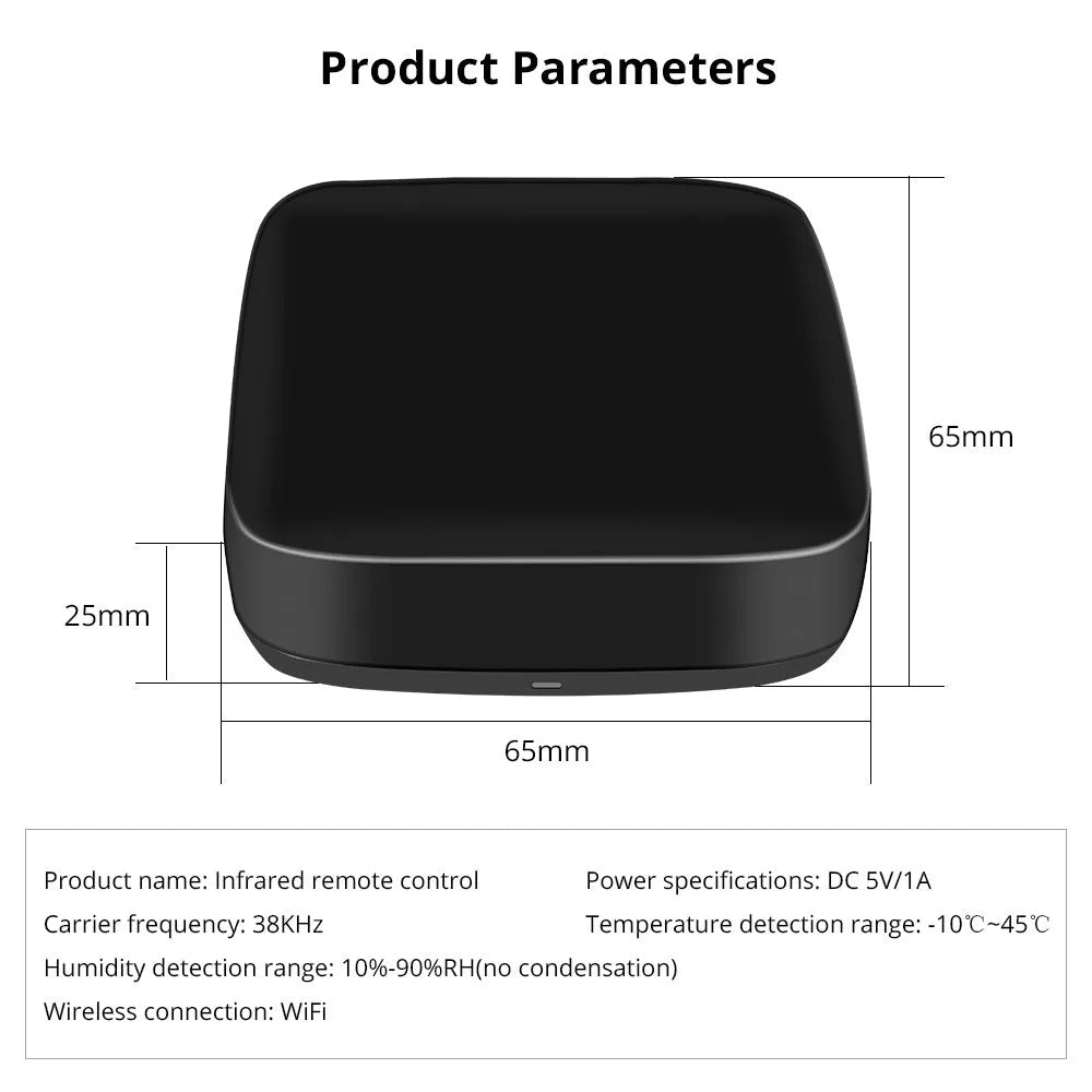Black universal infrared remote control with voice command and WiFi connectivity features