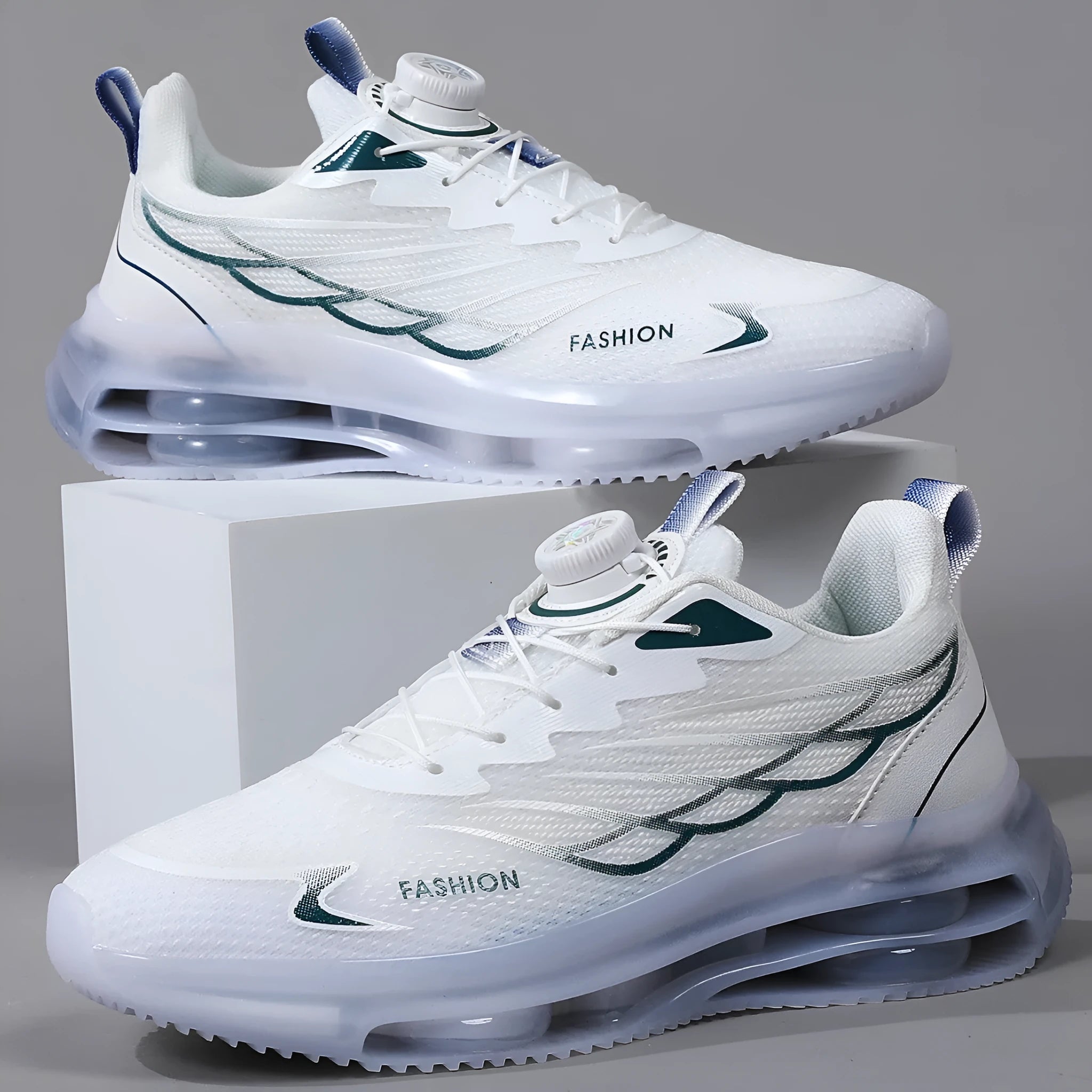 Men's white low-top lace-up casual running shoes with mesh upper and round toe.