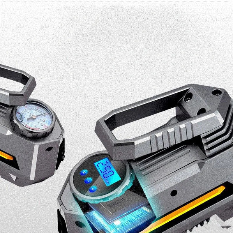 Multi-function car tyre inflator with digital display, LED flashlight, and 10-foot power cord on a tyre