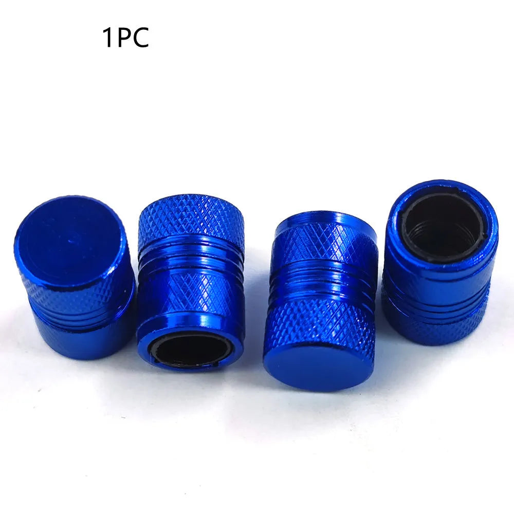 Aluminium car tyre valve dust protection caps in black blue grey red colours