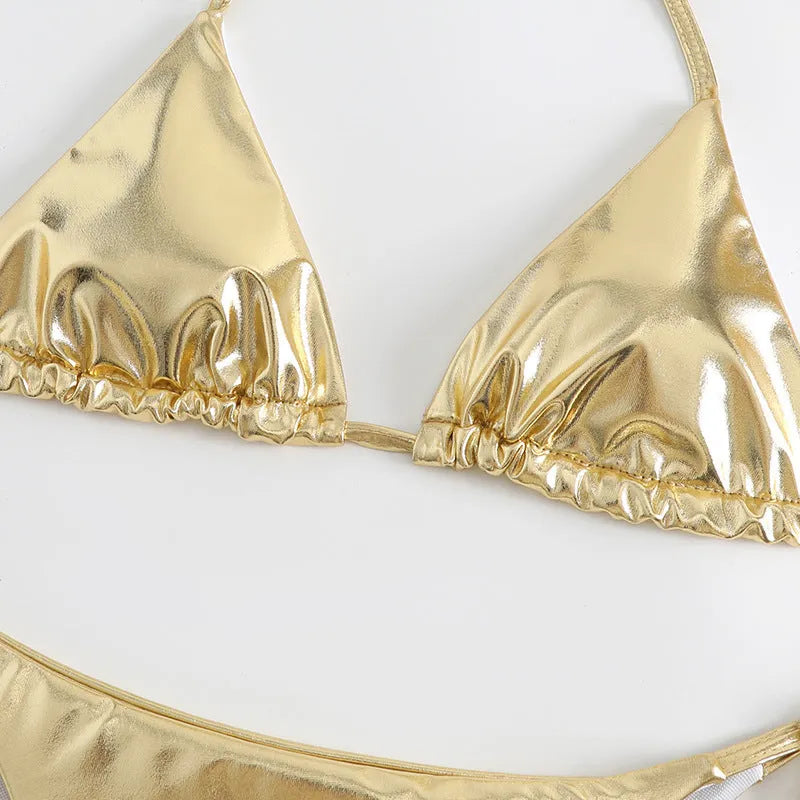 Women's gold lace-up bikini made from polyester fabric, shown on a size mannequin.