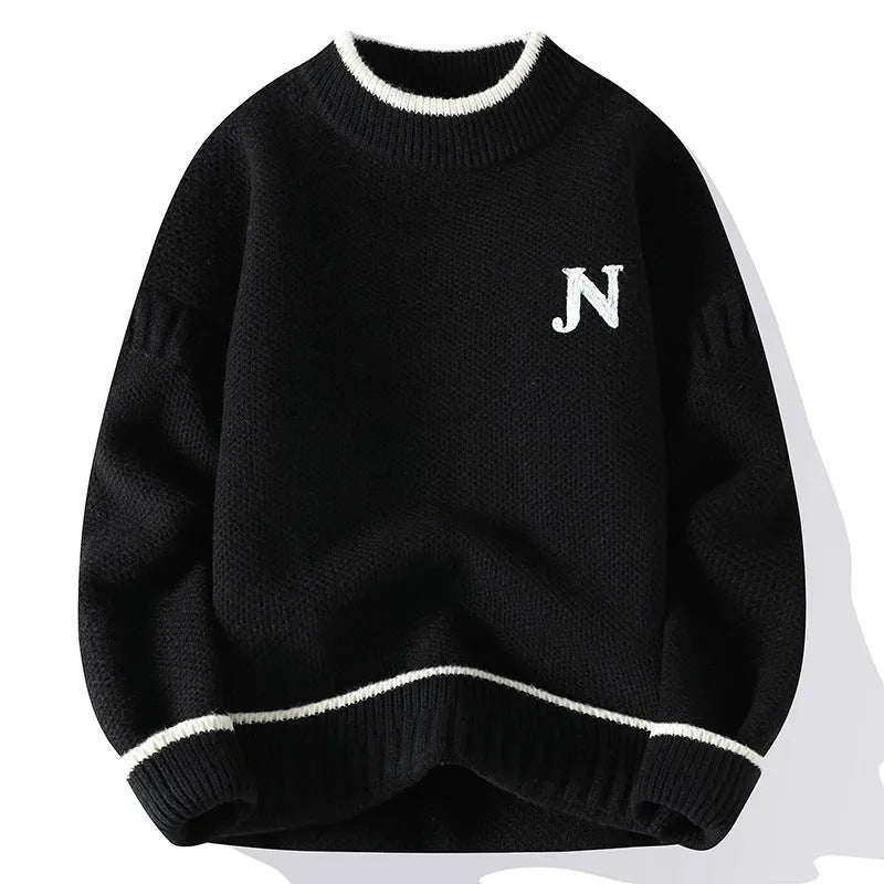 Men's thickened round neck cotton blend knit sweater in grey, loose fit pullover winter style