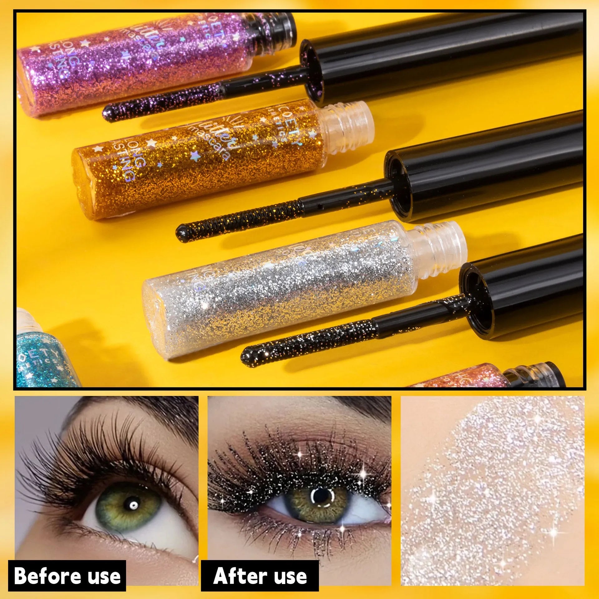 Colour mascara in 5 shades pink gold purple blue iron grey waterproof long curl