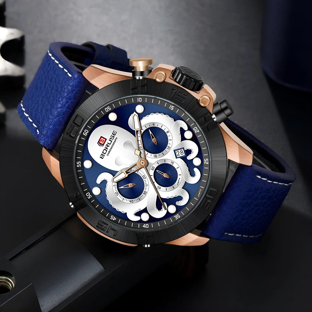 Octopus men's waterproof luminous quartz analogue watch in black or blue