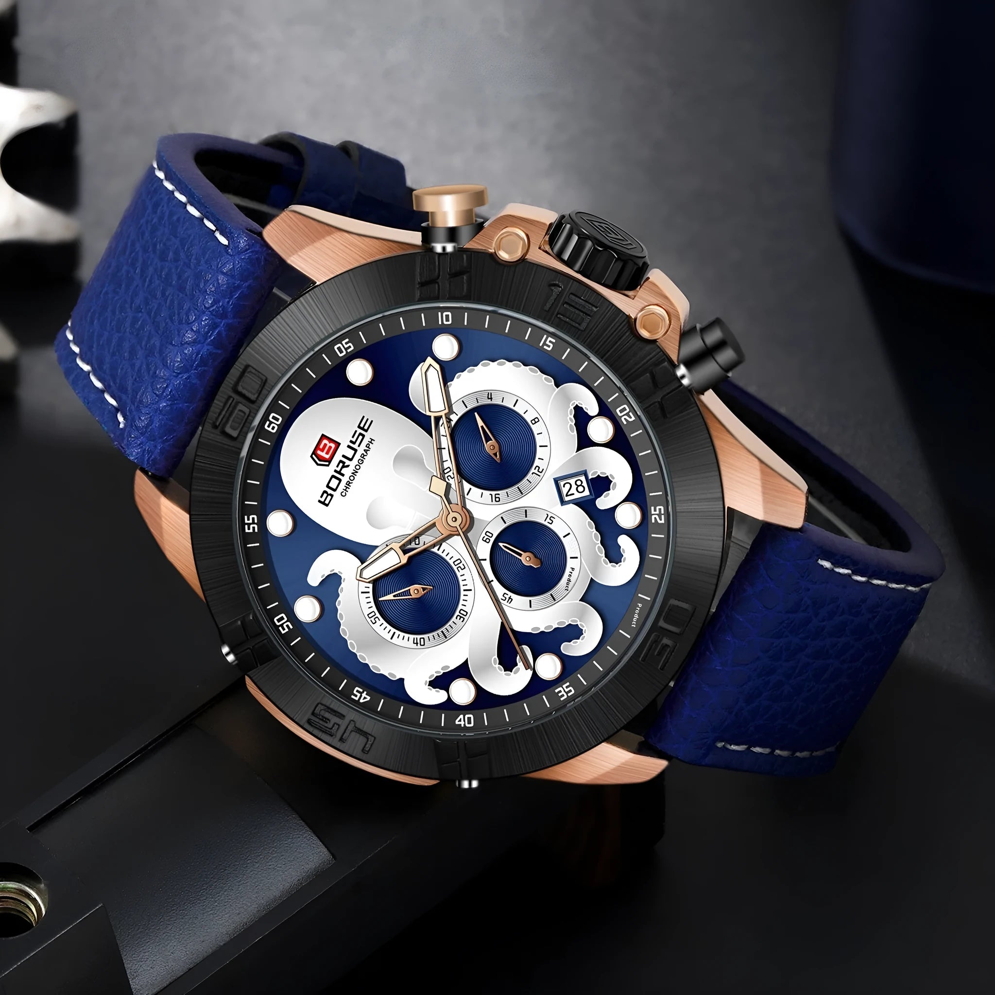 Octopus men's waterproof luminous quartz analogue watch in black or blue