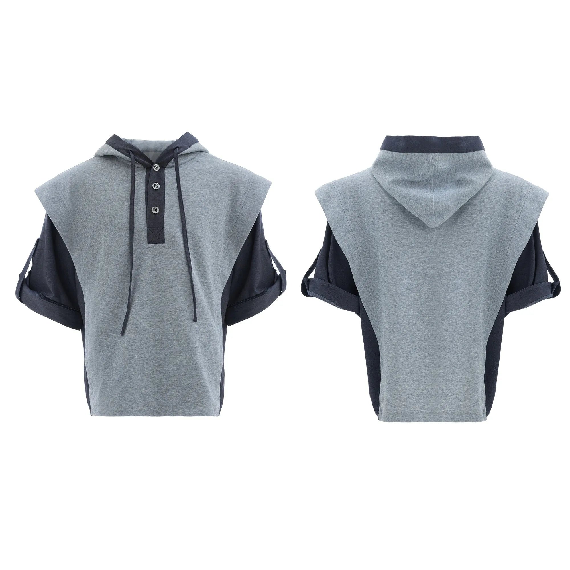 Man wearing a black hooded short sleeve sports jacket with textured stitching and matching full-length trousers.