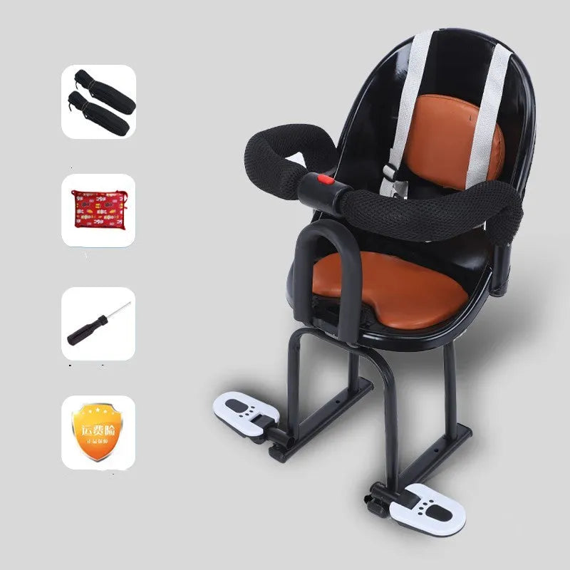 Black high carbon steel front seat for a baby scooter, shown with dimensions