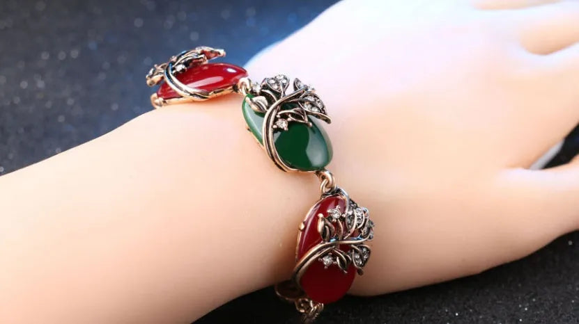 Colourful resin and Tibetan alloy boho bracelet with gold tone flower and love charms for women