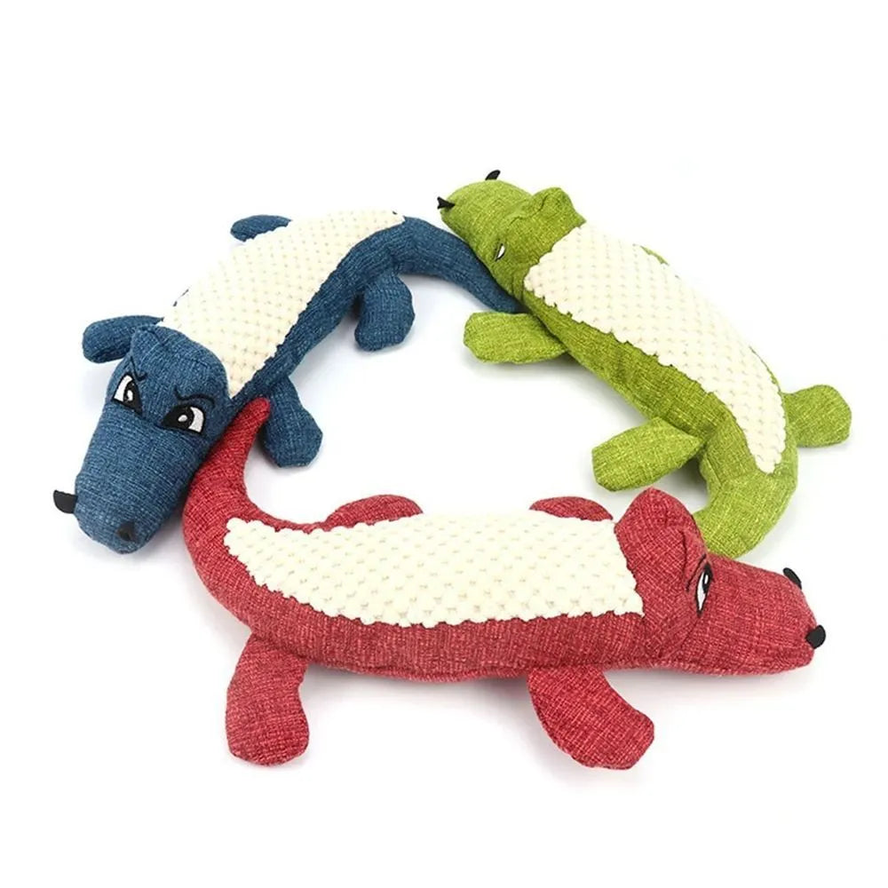 Plush squeaky dog chew toy, 29cm long, linen and PP cotton, blue red green