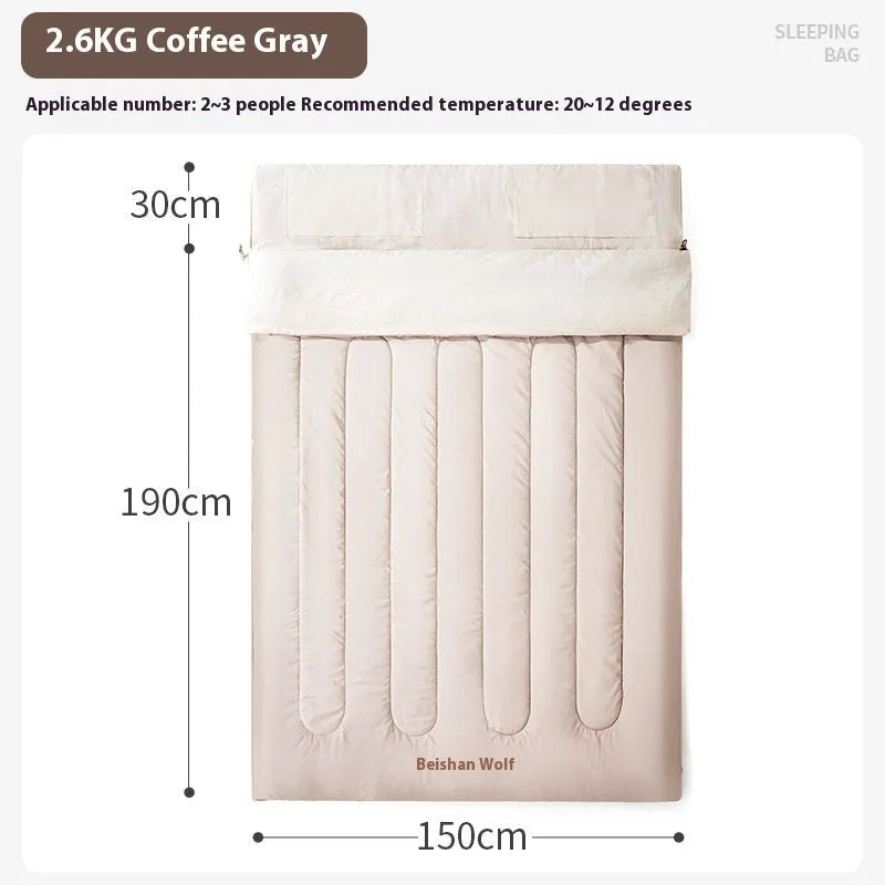 Double sleeping bag outdoor thickened cold protection camping envelope style coffee gray