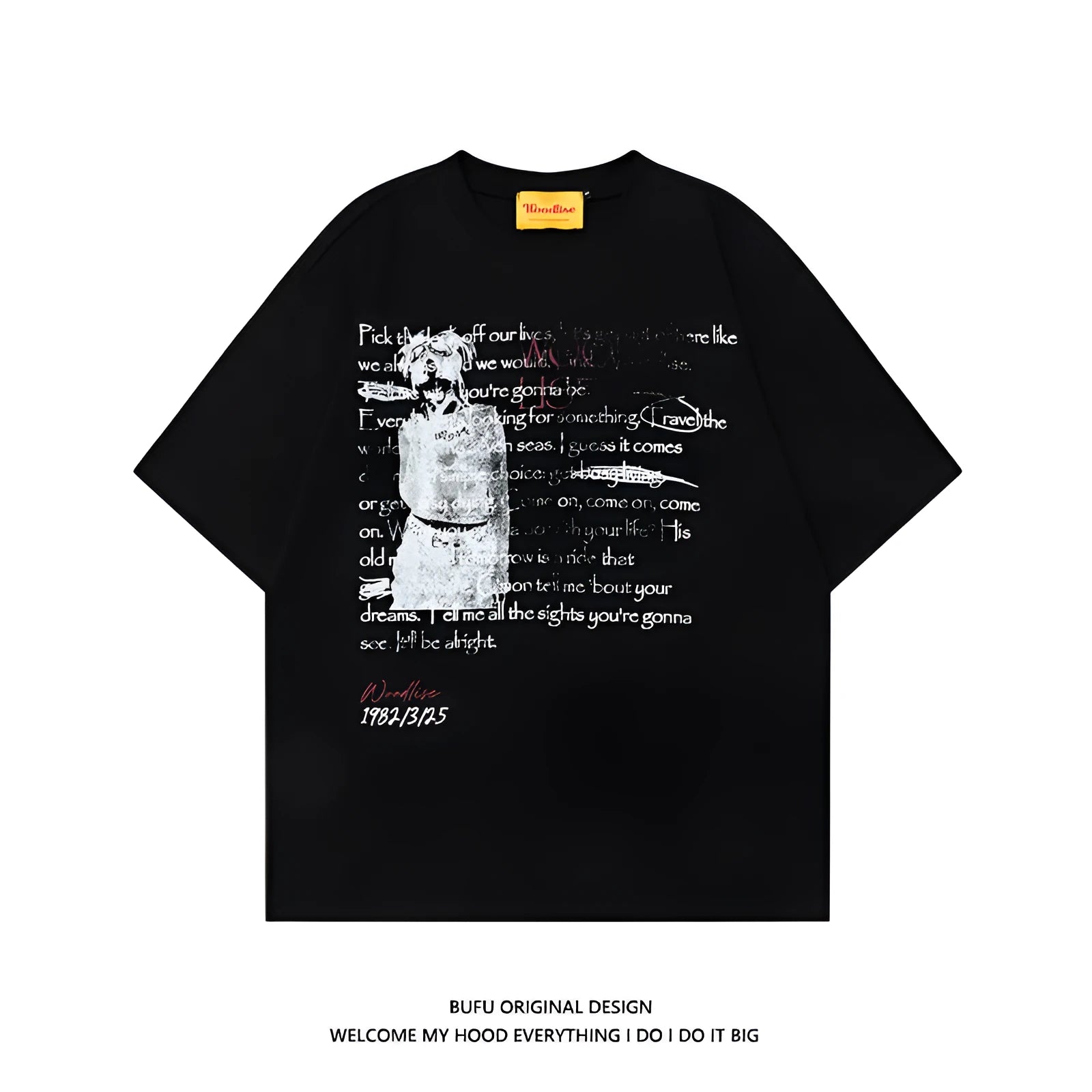 Men's black retro hip hop cotton T-shirt with loose fit and printed letter pattern