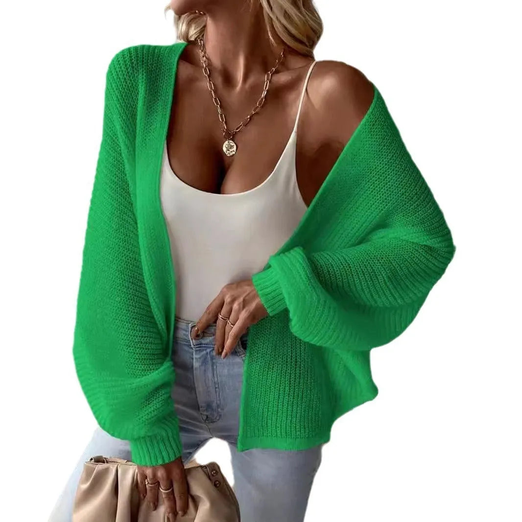 Polyester batwing sleeve cardigan in loose fit showing five colour options: black, white, green, khaki, and blue