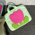 Net-red polyester handbag for women with green safflower print, retro style shoulder bag in 14 or 16 inch size
