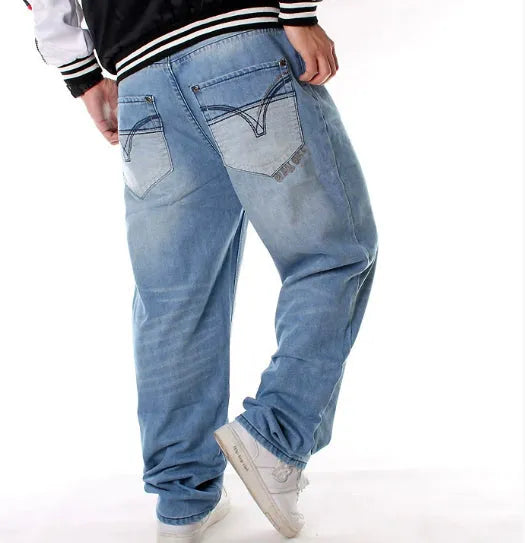 GAME TIME men's hip-hop jeans in light blue, loose straight leg cut, plus size, cotton with embroidery and wash detail