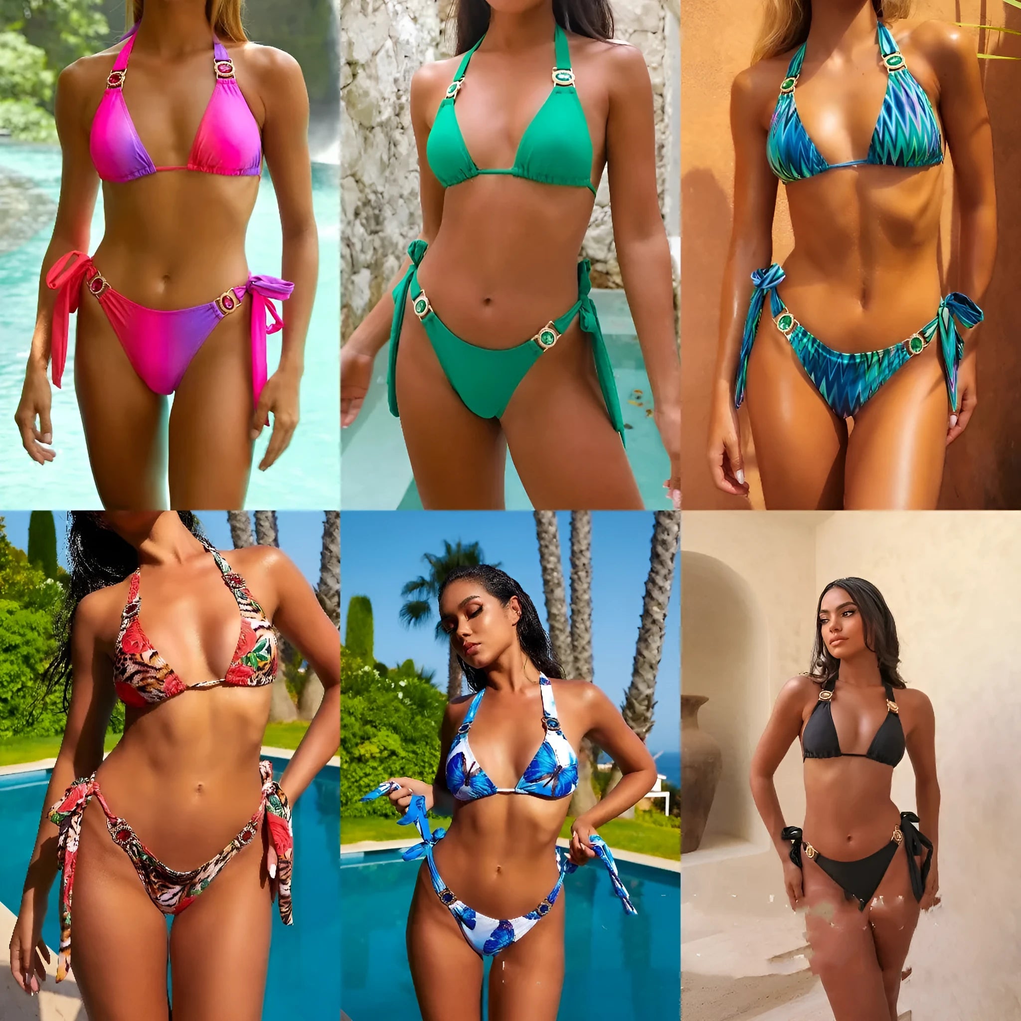 Women's dark green lace-up halter swimsuit bikini set with briefs