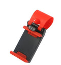 Black universal steering wheel phone mount clip holding a smartphone for hands-free use while driving.